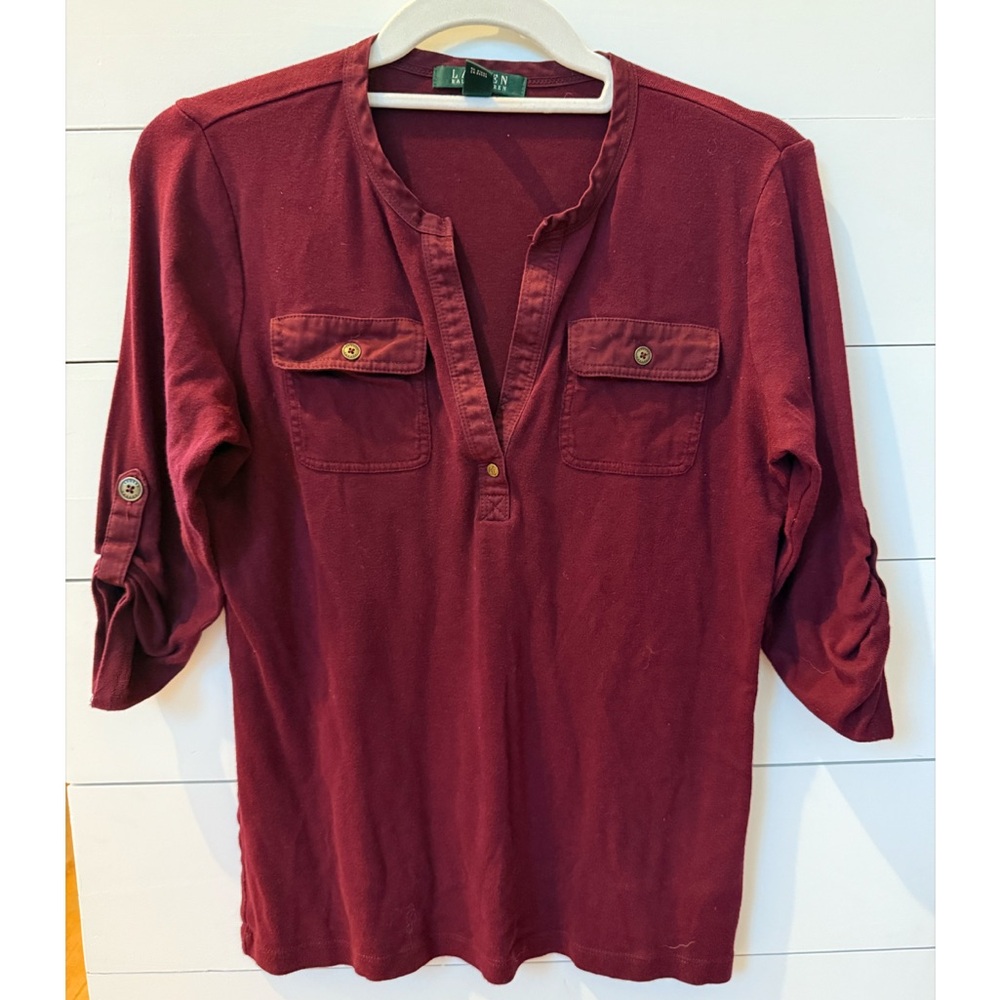 Ralph Lauren Burgundy Casual Button Down Henley Roll Tab Shirt